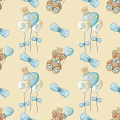 Baby cute bear seamless pattern hand drawn on cream color background, Children's design. Ideal for children's textiles.