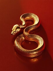 Obraz premium Shimmering Golden Snake Coiled on Vibrant Red Background