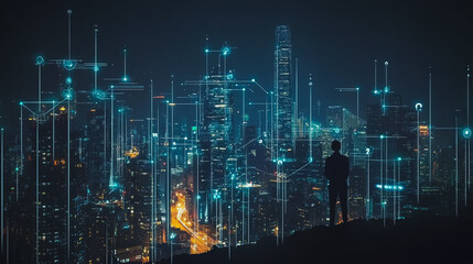 Smart digital city with connection cyber security network reciprocity over the cityscape . future smart wireless digital city and social media networking systems that connects people within the city