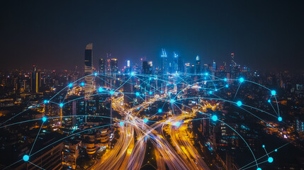 Smart digital city with connection cyber security network reciprocity over the cityscape . future smart wireless digital city and social media networking systems that connects people within the city
