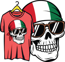 Mexico flag skull artwork for tshirt with glasses and bandana