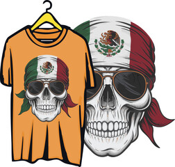 Mexico flag skull artwork for tshirt with glasses and bandana