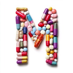 Multicolored Pharmaceuticals Arranged in  M  Shape on White Background