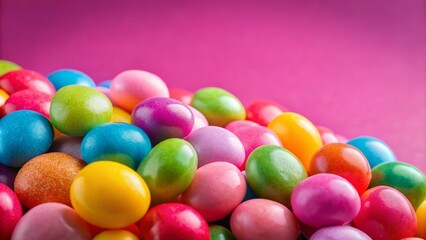 Fototapeta premium Colorful Round Candies on Pink Background, High Resolution, Photorealistic, Copy Space
