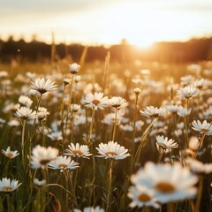 A field of white daisy blooms stretches across the landscape, bathed in the warm glow of the setting sun.