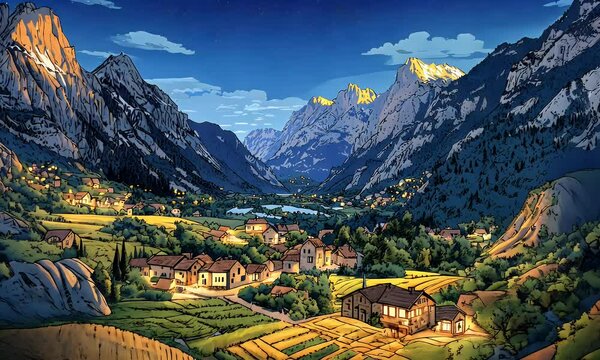 Nightfall over a serene mountain village nestled in a valley, illuminated by warm lights against a backdrop of majestic peaks and a starlit sky.