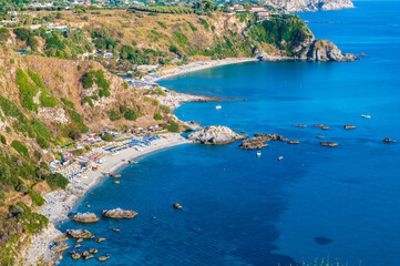 View of paradise Grotticelle Beach from Capo Vaticano Viewpoint - Beautiful landscape scenery near by Tropea, Calabria - Italy