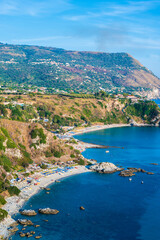 Obraz premium View of paradise Grotticelle Beach from Capo Vaticano Viewpoint - Beautiful landscape scenery near by Tropea, Calabria - Italy