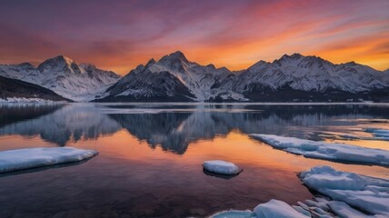 Fototapeta premium Magic of the winter sunset: snowy landscapes, mountains, forests, frozen lakes, and cozy cabins — a fairytale of nature in every moment.