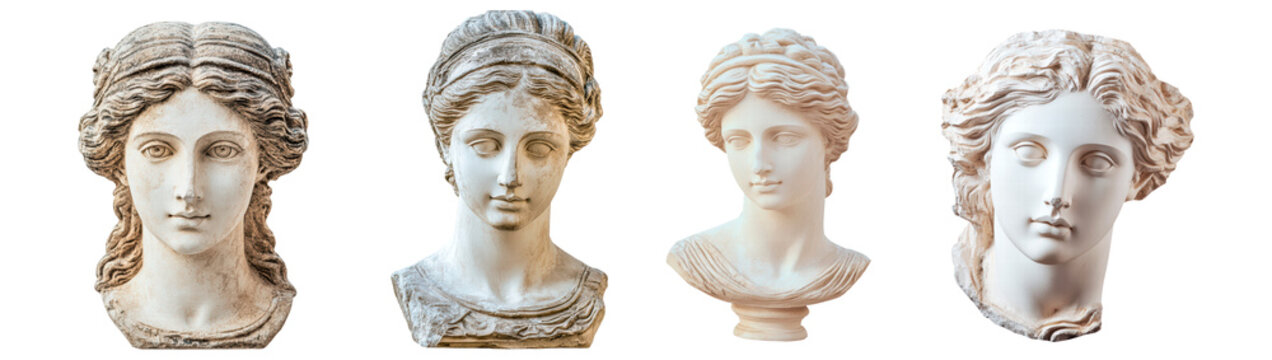 Set of gypsum copy of ancient statue head isolated on transparent background, PNG