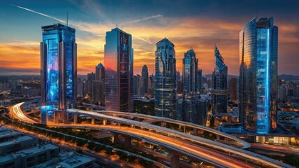 Obraz premium Futuristic city at sunset: glowing towers, neon lights, grand architecture, and an atmosphere of technology and progress.