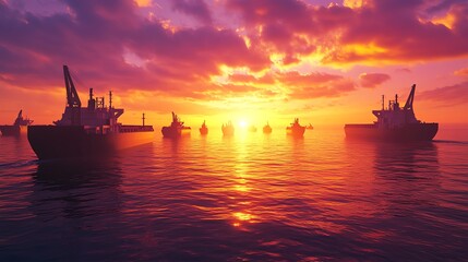 Fototapeta premium Vibrant sunset over ocean with ships sailing.