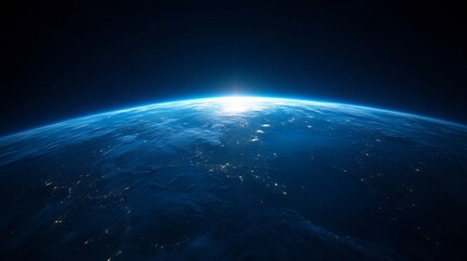 Obraz premium Serene Blue Planet Earth with Glowing Sunrise or Sunset Backlight in Minimalist Graphic Design