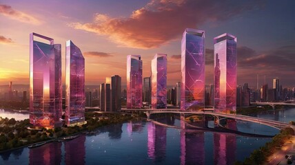 Fototapeta premium Futuristic city at sunset: glowing towers, neon lights, grand architecture, and an atmosphere of technology and progress.