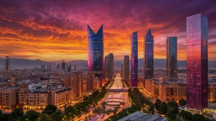 Fototapeta premium Futuristic city at sunset: glowing towers, neon lights, grand architecture, and an atmosphere of technology and progress.