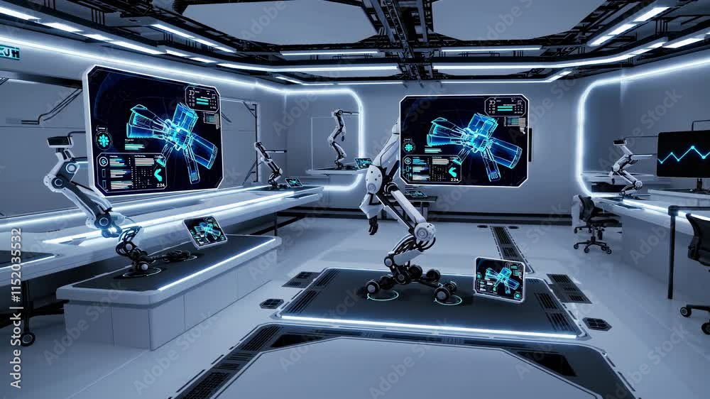 Poster high-tech robotics laboratory featuring advanced robotic arms and digital interfaces for research an