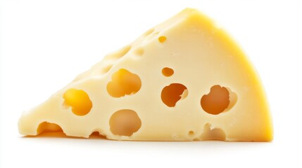 close-up of a piece of cheese with holes. Emmental cheese triangle, Swiss cheese, isolated on white background. High resolution image