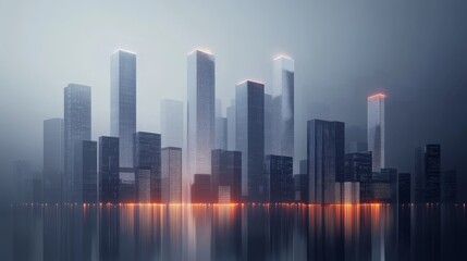 Fototapeta premium A futuristic city skyline shrouded in mist with glowing elements.