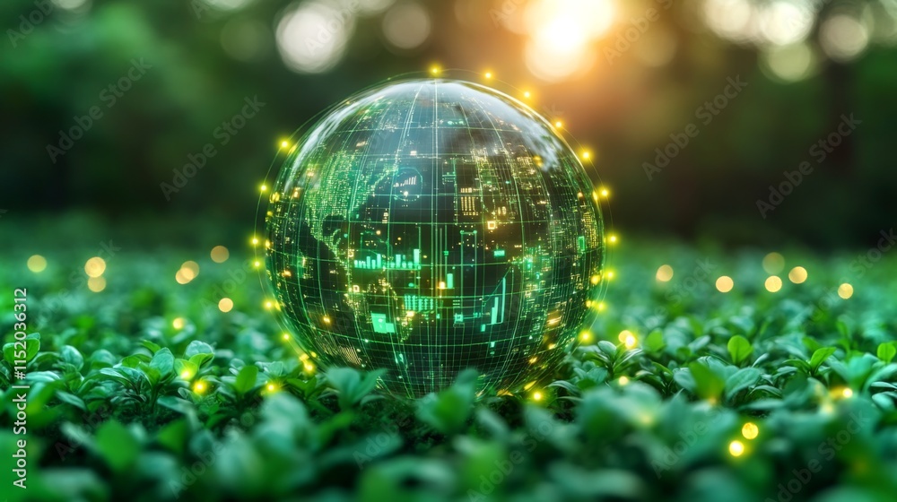 Poster a transparent globe with digital elements displays data and connections, resting on lush green plant