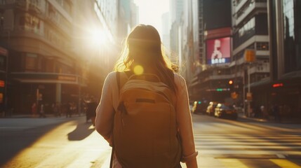 Urban Explorer, young woman with a backpack at a sunlit city intersection, clear blue sky overhead, vibrant urban atmosphere