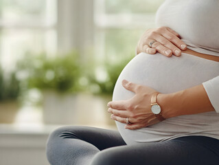 Pregnant woman meditating in studio apartment, breathing positive energy. Girl sitting in asana doing prenatal yoga, mindful practice. Sport for pregnancy people and healthy lifestyle concept.