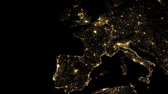 Earth spinning. View from the orbit on the Europe during night. Lights of the cities.