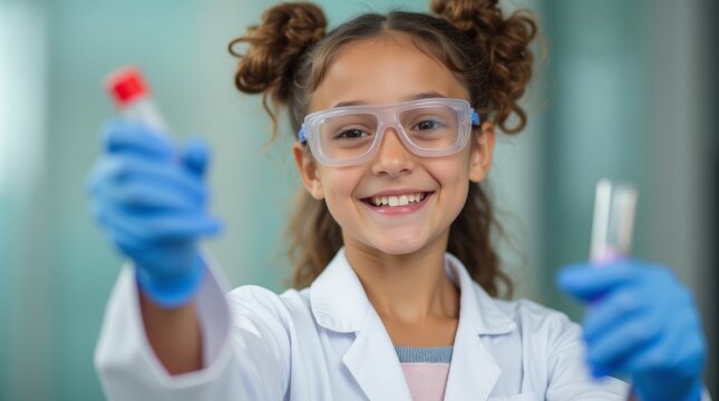 A close-up of a young girl in a lab coat, holding a test tube and smiling with excitement, celebrating the International Day of Women and Girls in Science.