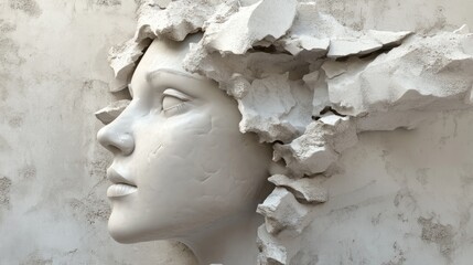 A sculpted face emerging from a textured wall, symbolizing creativity and transformation.