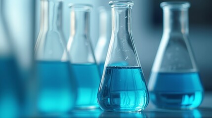 Close-up of a laboratory flask with blue liquid in modern lab 