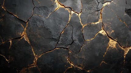 Cracked black and gold surface texture artistic background digital art abstract design close-up view visual contrast