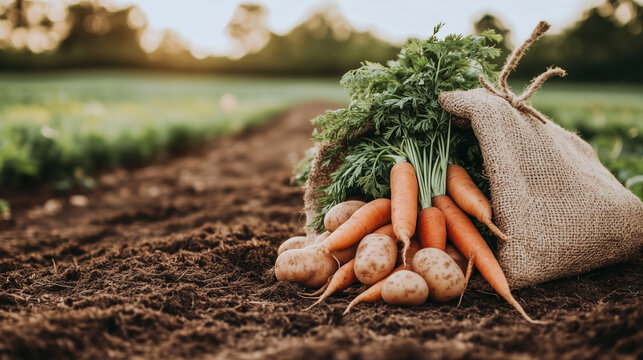 Fresh vegetables in burlap sack on soil. Organic farming content