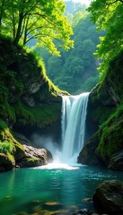 Fototapeta premium Emerald cascade plunges through vibrant green canopy , trees, beauty