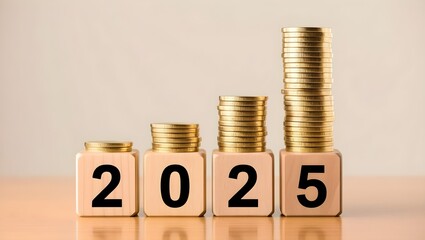 2025 Engraved on  Wooden Blocks with Stacked Coins Symbolizing Financial Growth
