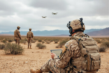 Military personnel operating drones in desert environment.