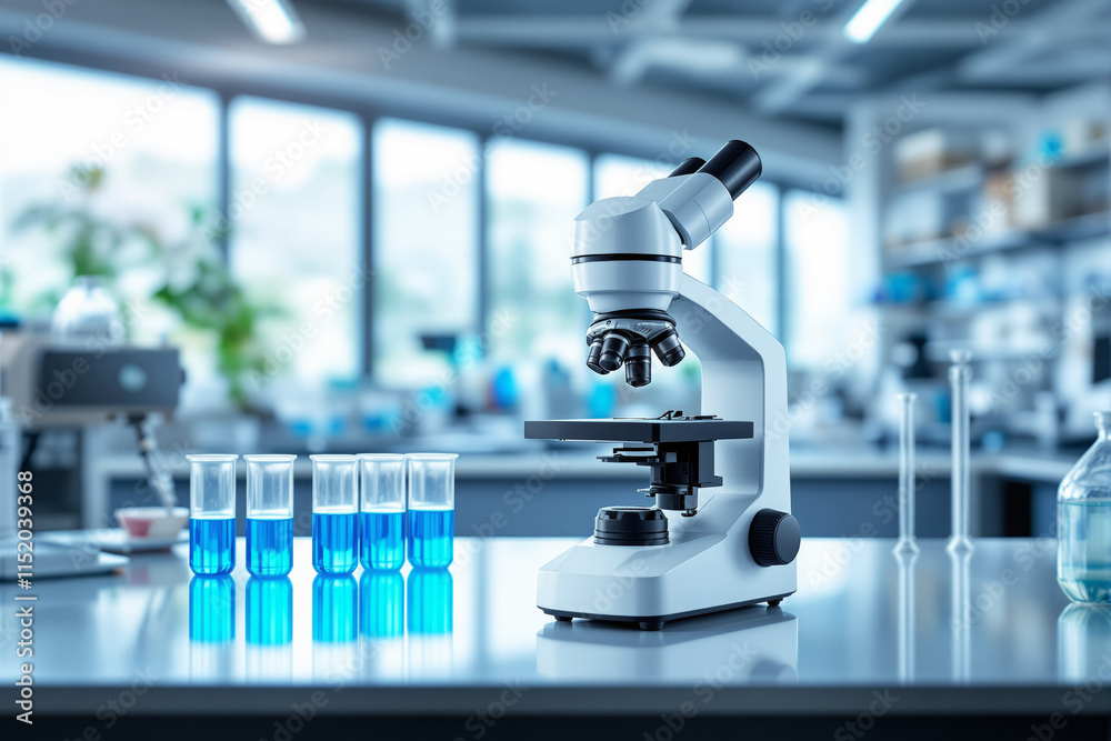 Poster laboratory microscope with test tubes and blue liquid on a table in a scientific workspace.