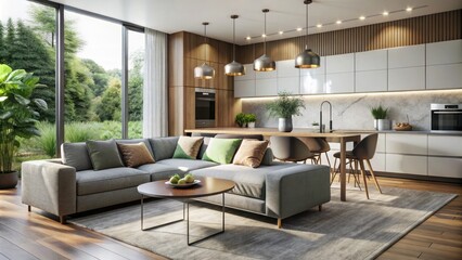 Fototapeta premium Modern kitchen sofa tables: stylish designs enhance interior appeal and practicality.