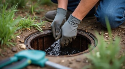 working plumber opens a sewer hatch. Maintenance of septic tanks and water wells 