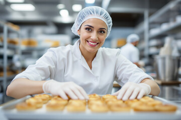 Smiling baker preparing fresh pastries in a bakery.