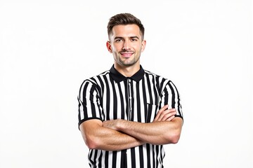 Portrait of a confident referee in black-and-white striped shirt crossing arms, standing against a white background.