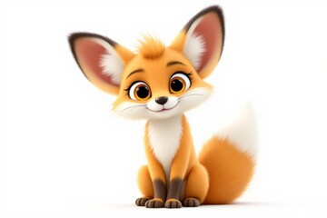 Fototapeta premium Cute cartoon fox sitting with bright fur and big eyes on a white background.