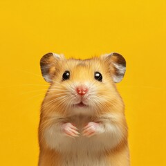 A hamster isolated on a bright yellow background, designed for a birthday party invitation concept.