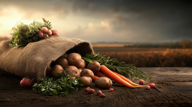 Harvest vegetables in burlap sack at sunset. Agriculture marketing content