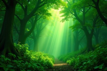 Obraz premium Emerald canopy, hazy sunlight, lush undergrowth, blurred, soft