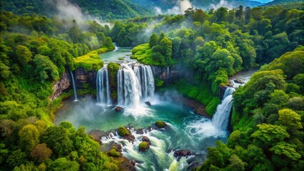 Obraz premium Majestic Waterfall Through Lush Forest - Aerial View