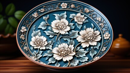 Intricate Floral Design on a Teal Ceramic Plate