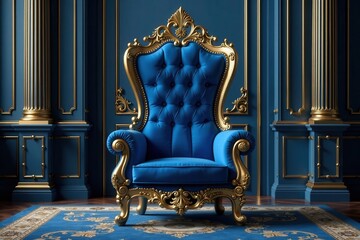 Royal blue velvet throne, tufted backrest, ornate silver hall , chair, velvet
