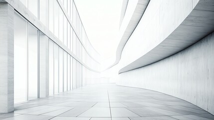 A modern architectural interior with flowing lines and bright lighting, creating a sense of spaciousness and simplicity.