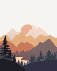 Abstract mountains vertical landscape with silhouette trees and river - Vector Illustration