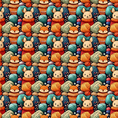 Fototapeta premium Charming knitted pattern featuring adorable animals with yarn and crafting elements