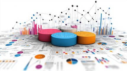 Clustered pie chart design, using connected smaller charts to show related datasets, on white.